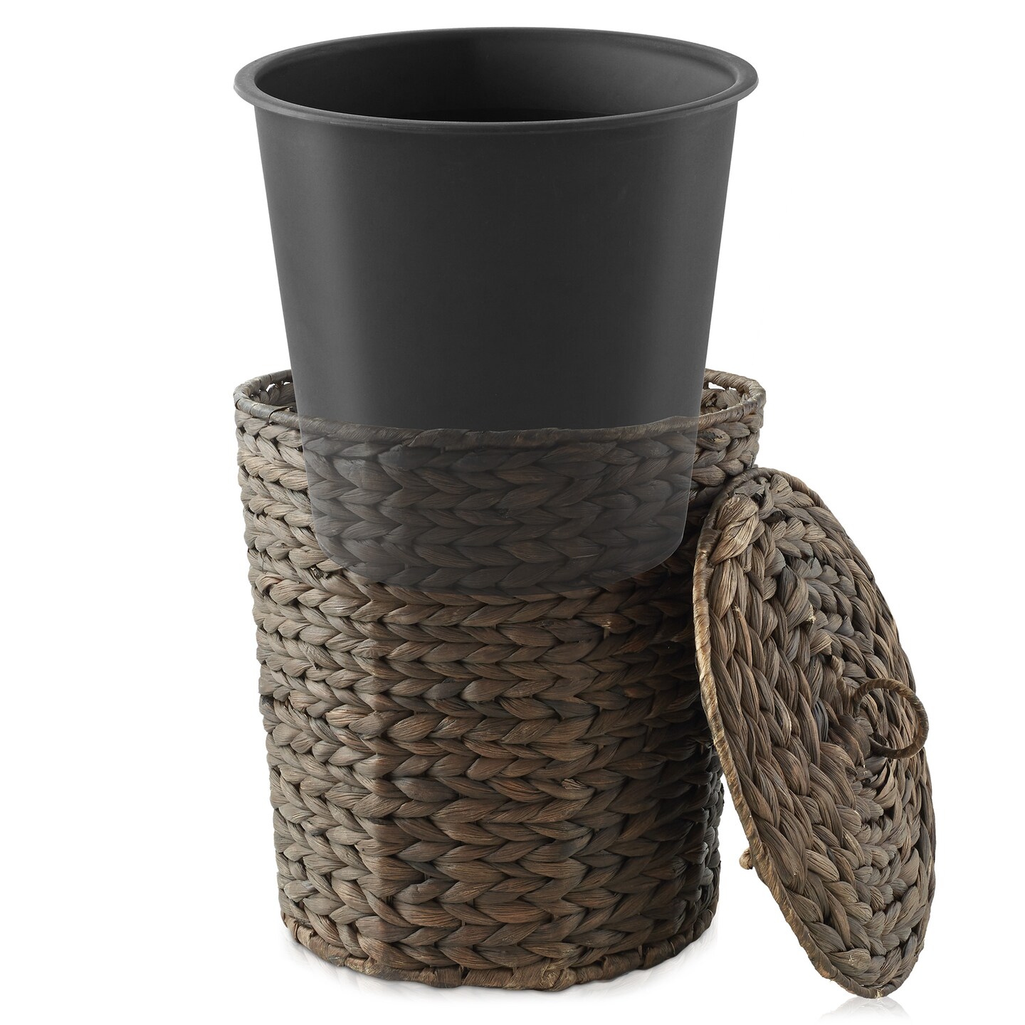 Casafield Water Hyacinth Trash Can with Lid and Liner, Woven Waste Basket for Bathroom, Bedroom, Laundry Room, Home Office