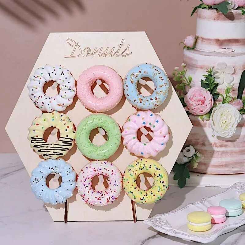 13" Natural Donut Wall Display Stands Hexagon Wooden Board Party Decorations