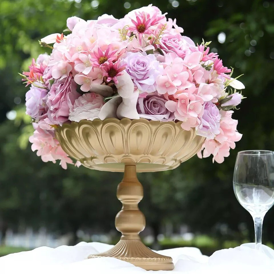 4 Gold Metal Compote Pedestal Bowl Flower Vases in Vintage Floral Pattern Party