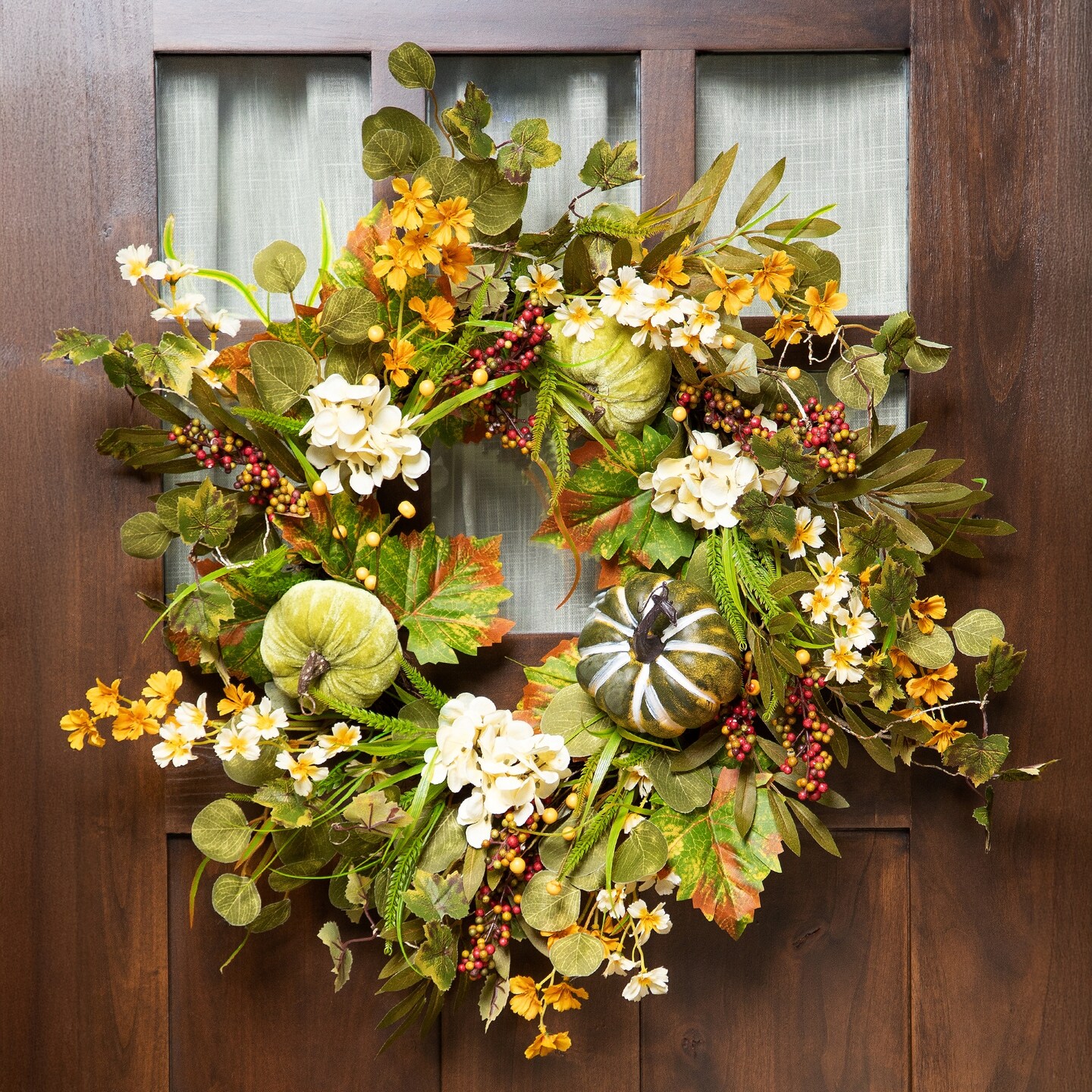 Northlight Velvet Pumpkins, Hydrangeas and Maple Leaves Artificial Fall Harvest Wreath - 24"