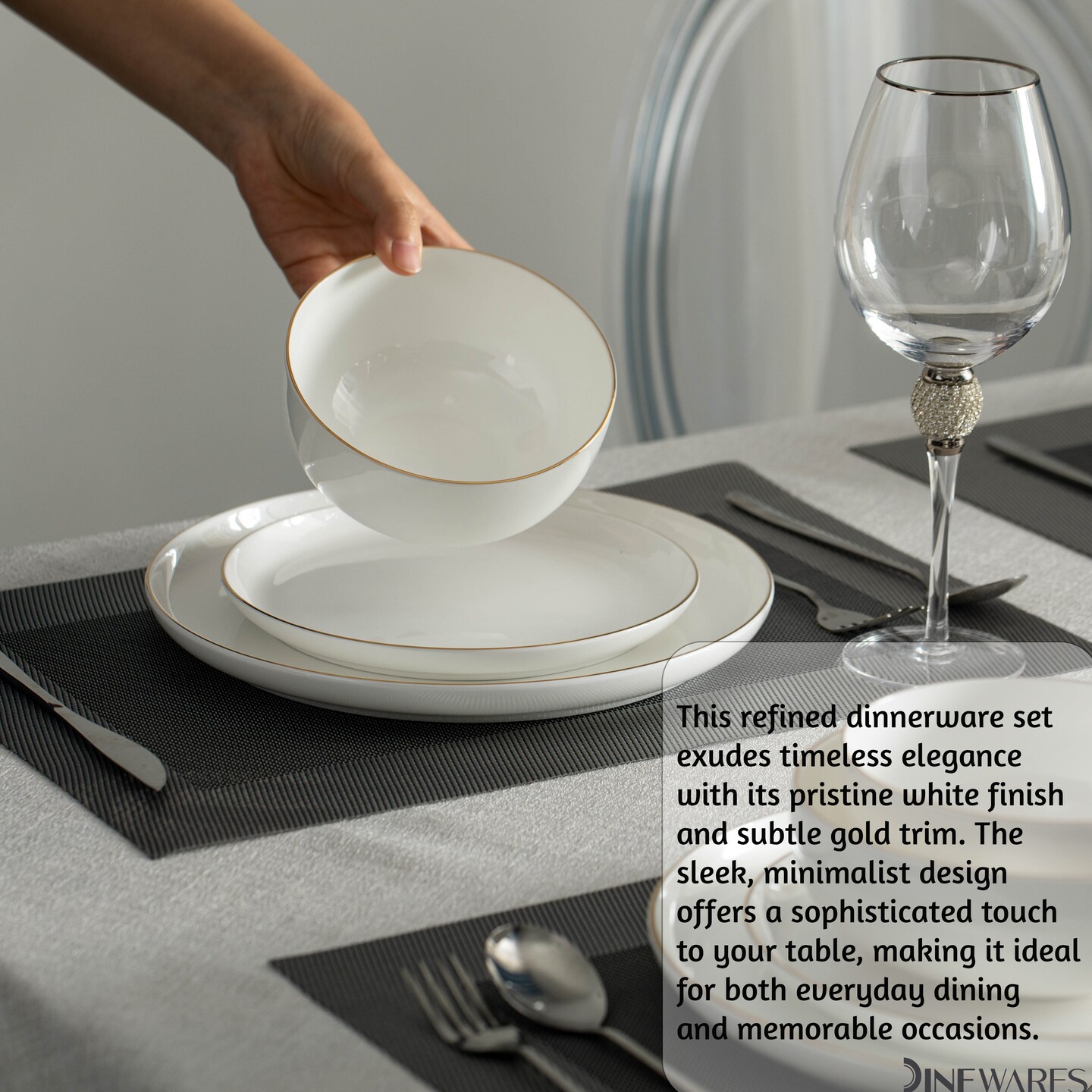 Perlaceo Luxurious Collection of White with Gold Rim Bone China Dinnerware Set - Lightweight and Durable - Service for 4 or 8, Including Dinner Plates, Salad Plates, and Cereal or Soup Bowls