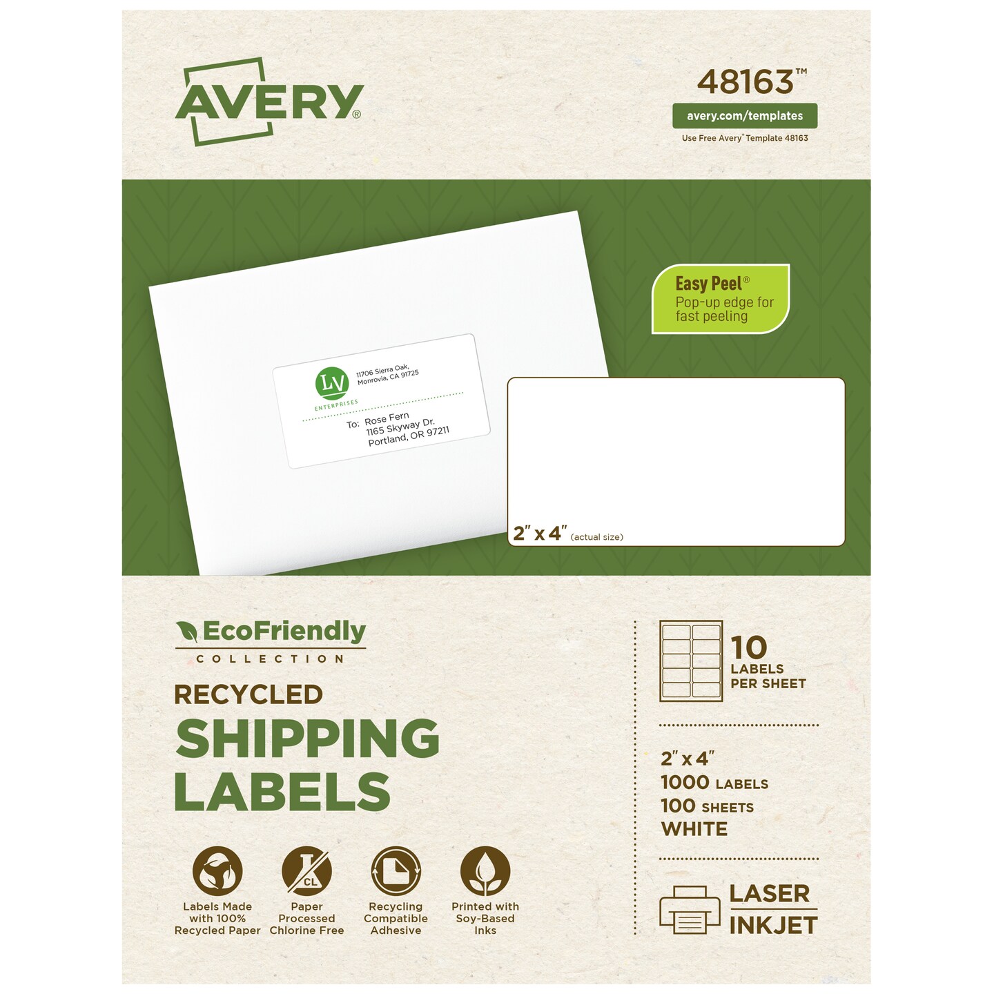 Avery EcoFriendly Recycled Shipping Labels, 2" x 4", White, Permanent Adhesive, Laser & Inkjet Printers, 1,000 Total (48163)