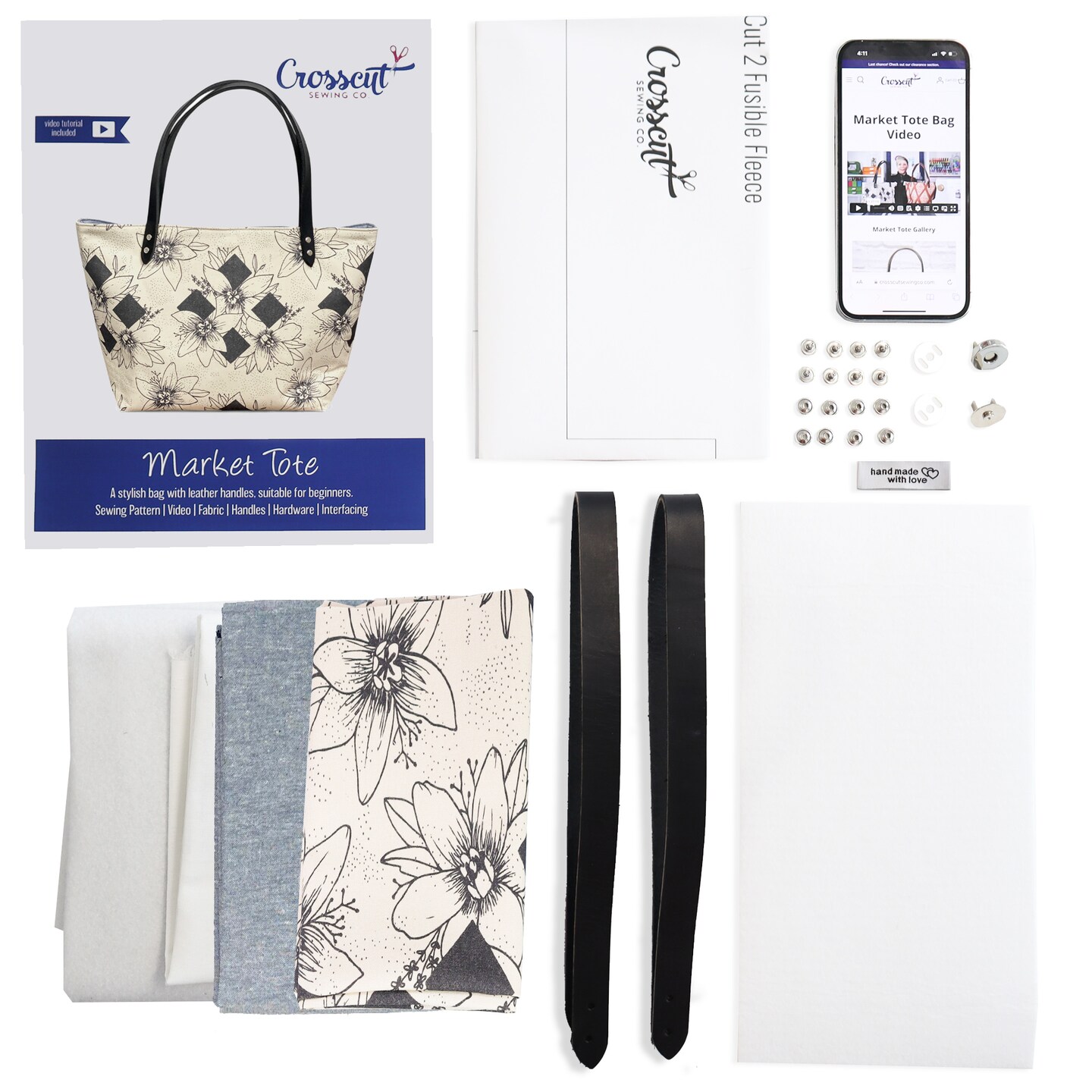 Crosscut Sewing Co.&#xAE; Market Tote Bag Sewing Project Kit for Beginners with Fabric, Instructions and Video