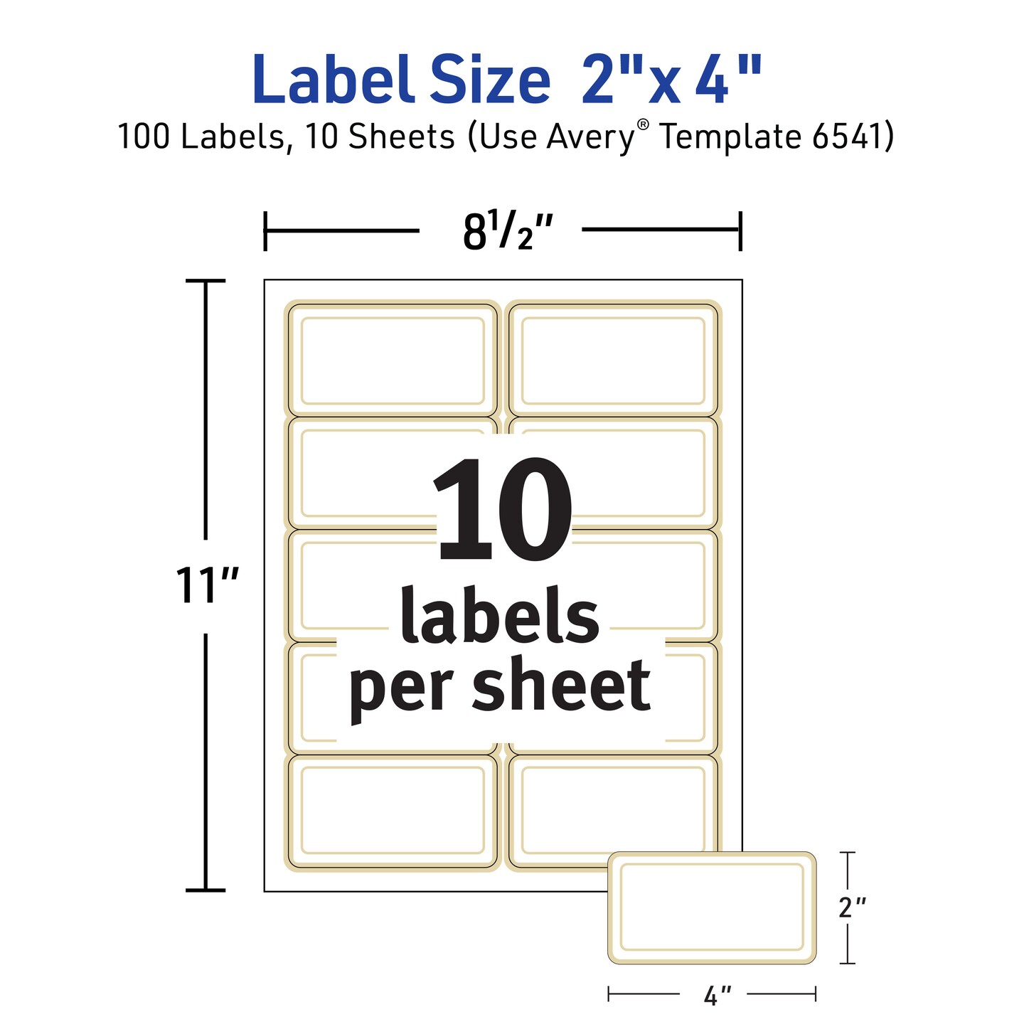 Avery Printable Rectangle Labels, 2" x 4" Shipping Labels, Matte White with Metallic Gold Border, Permanent Adhesive, Laser & Inkjet Compatible, 100 Blank Labels (6541)