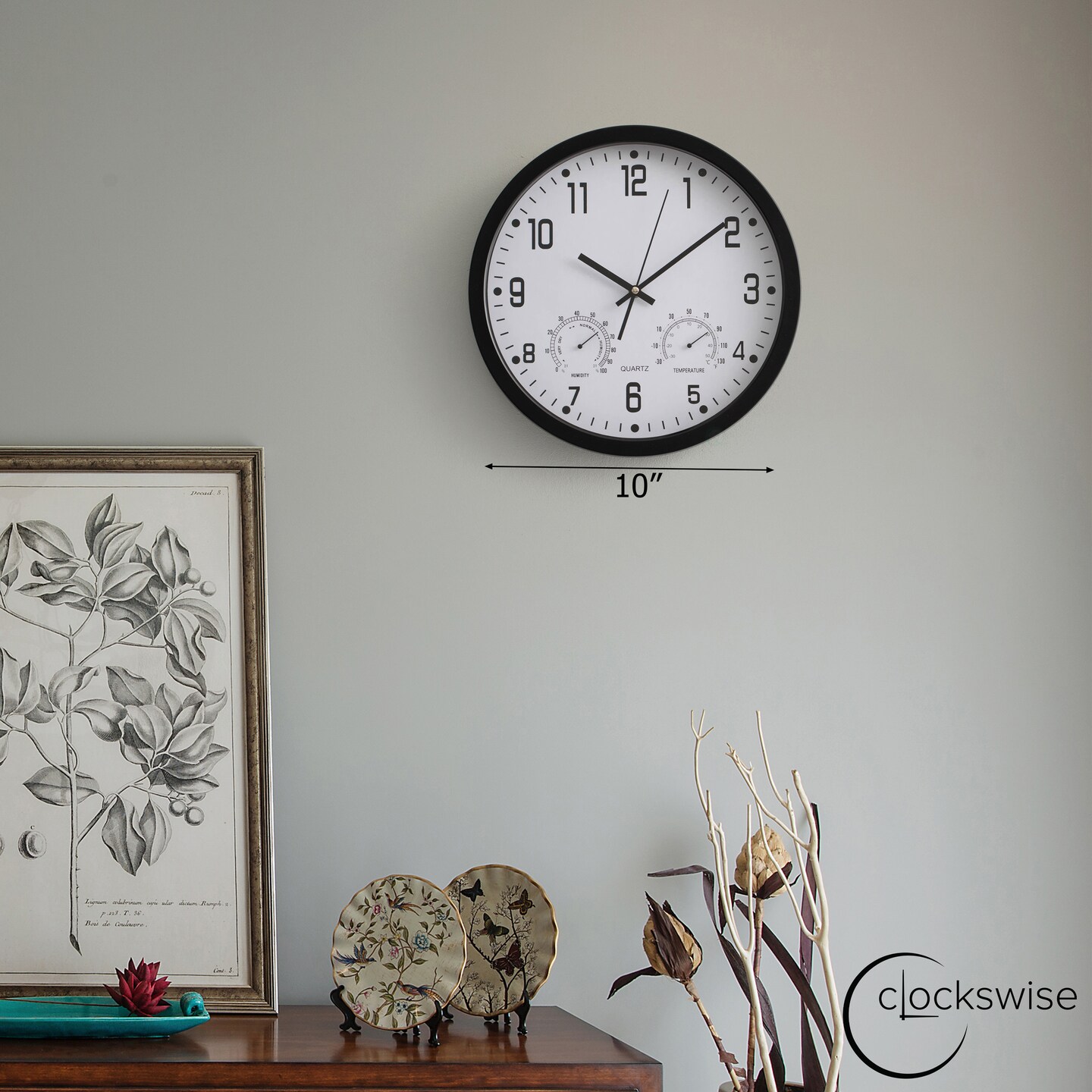 Clockswise Non-Ticking Quartz Wall Clock with Thermometer &#x26; Hygrometer - Battery Operated Plastic Analog Clock for Temperature &#x26; Humidity Monitoring - Ideal for Home, Office or School, Black