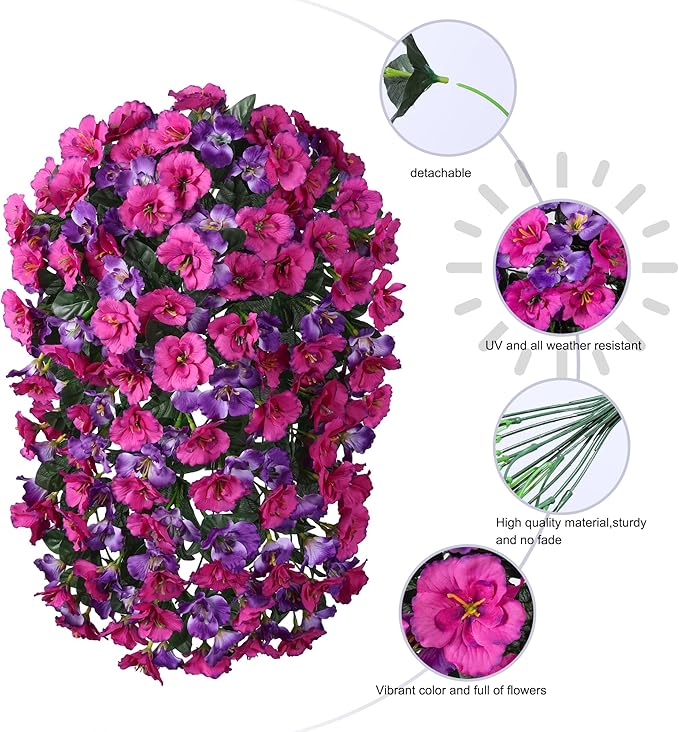 2PCS Artificial Hanging Hibiscus Flowers – UV Resistant Faux Silk Floral Plants for Outdoor Spring & Summer Decor, Realistic Hanging Flowers for Porch, Patio, Yard & Planters (Fuchsia)