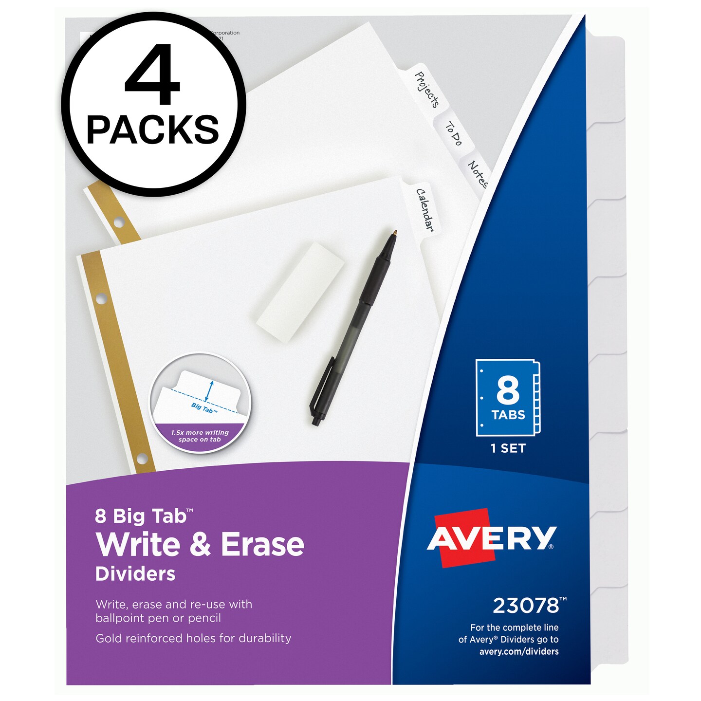 Avery Big Tab Write & Erase Dividers, 8 White Tabs, 4 Sets of 23078