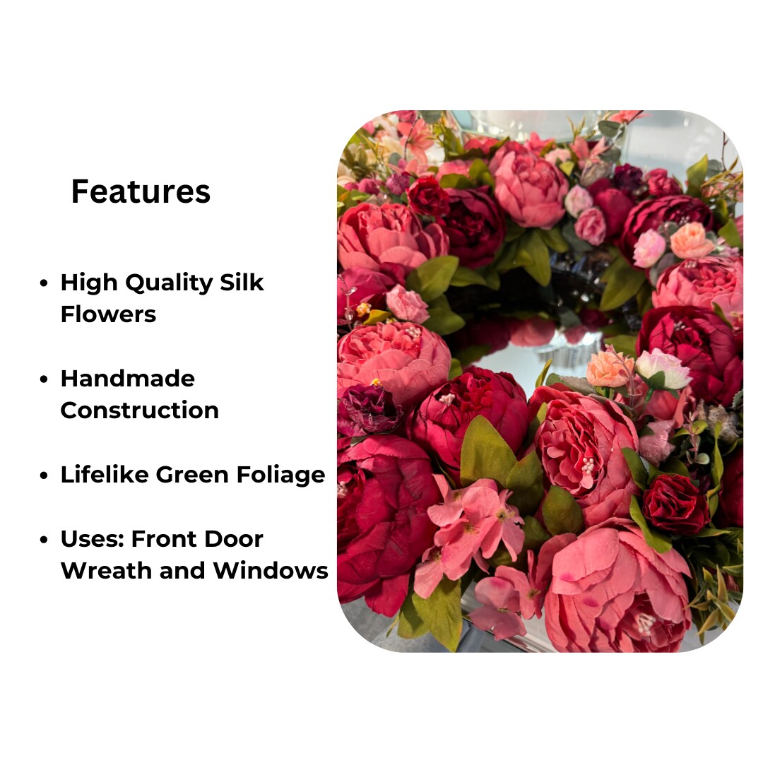Zoey Large Burgundy Red Peachy Pink Faux Peony Flower Wreath 23&#x22; All Season Indoor Outdoor Decor
