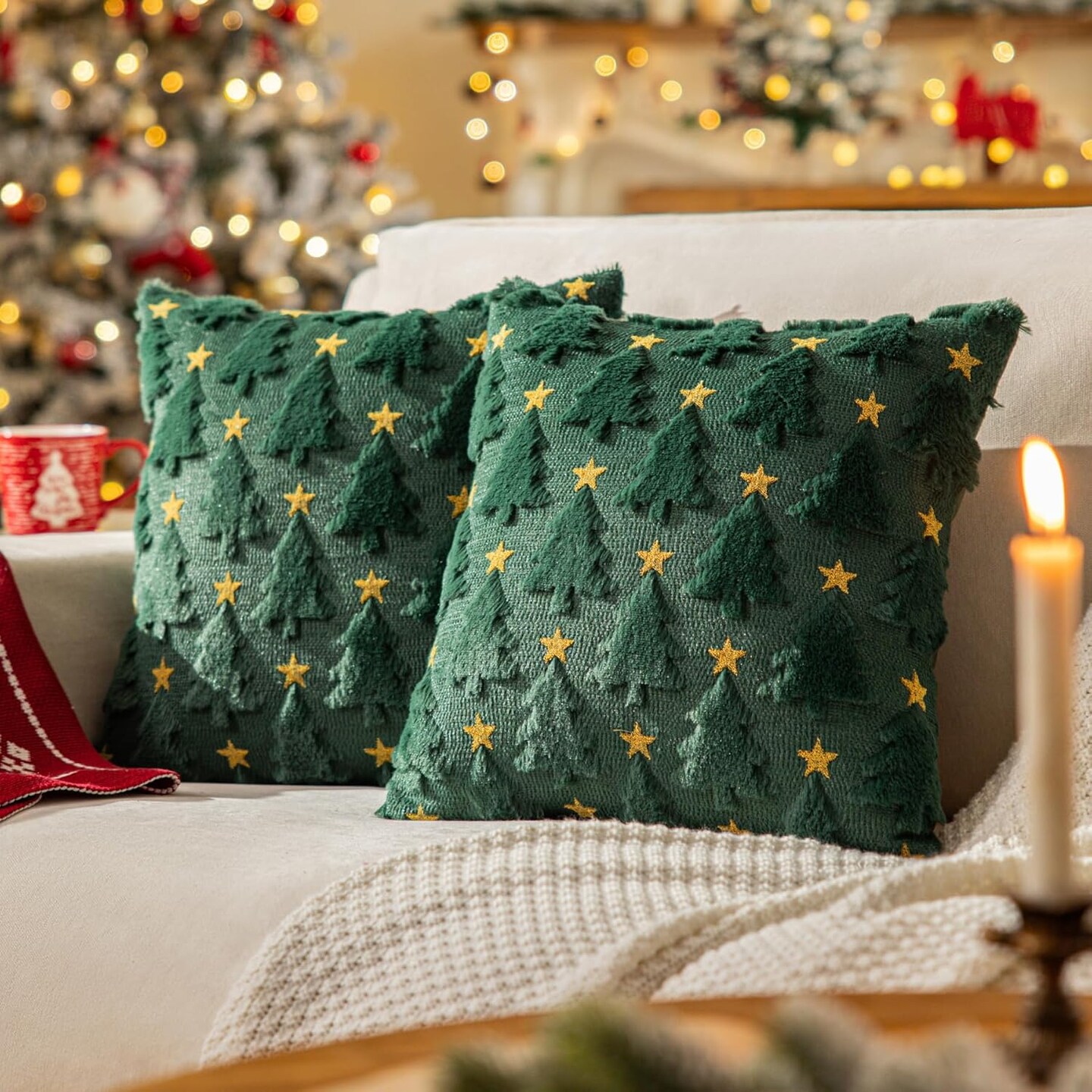 Green Christmas Tree Throw Pillow Covers 18"x18", Star Shaped Embroidered Pillow Covers Winter Soft Plush Embroidery Cushion Covers Decorative Holiday Pillowcases for Thanksgiving Home Decor