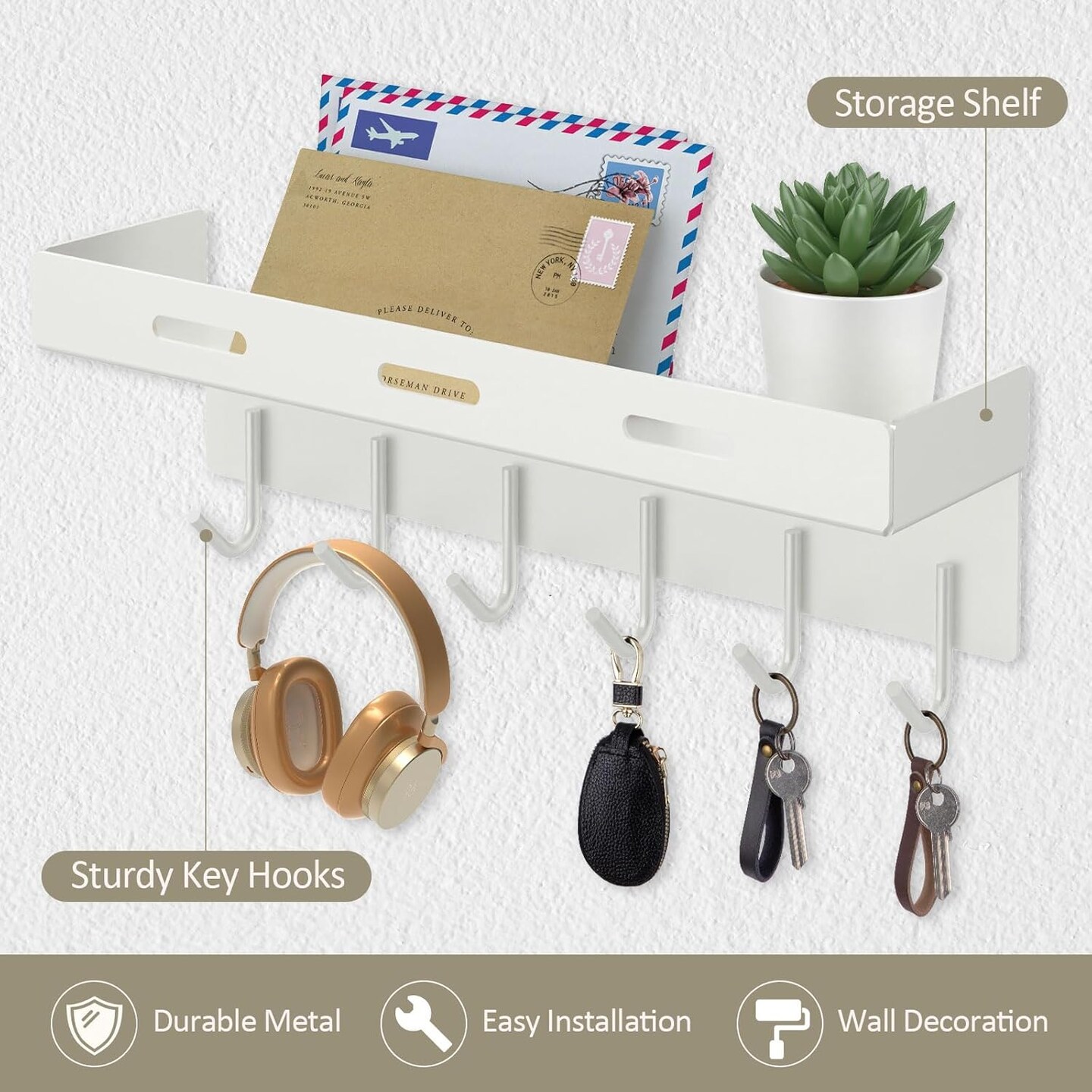 Key Holder Wall Mount, 9.6 Inch Self Adhesive Key Hanger with 6 Hooks, Metal Mail Organizer with Tray for Hallway Kitchen Farmhouse Decor