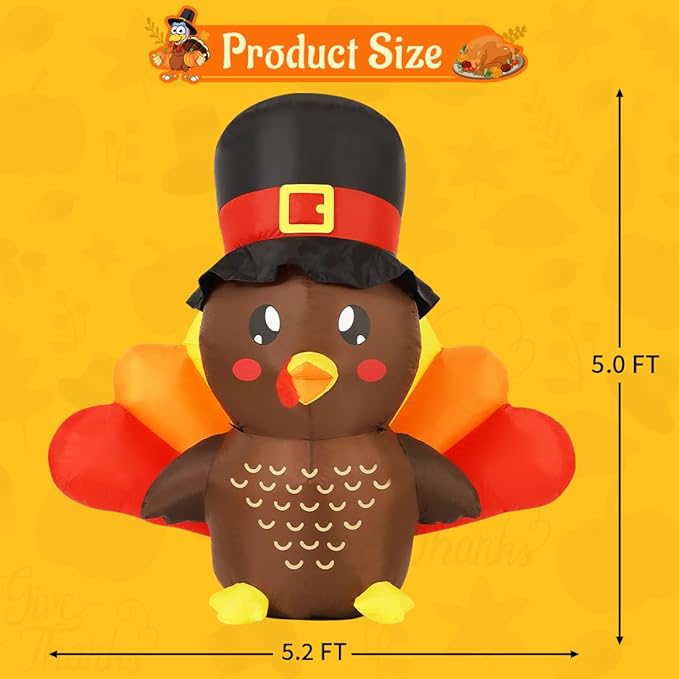 GOOSH 5 FT Tall Thanksgiving Inflatables Turkey Baby in Hat with Built-in LEDs
