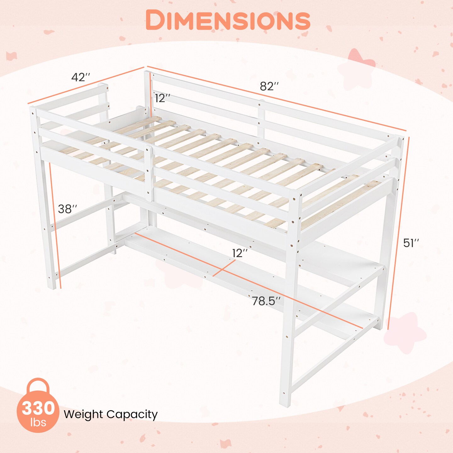 Space-Saving White Twin Loft Bed with Storage Shelves Sturdy Wood Frame and Safety Guardrails for Kids and Teens