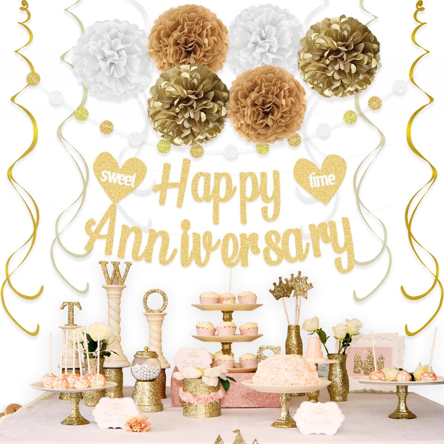 Happy Anniversary Decorations – Gold Banner, Pom Poms, Swirls & Garland (Gold White)