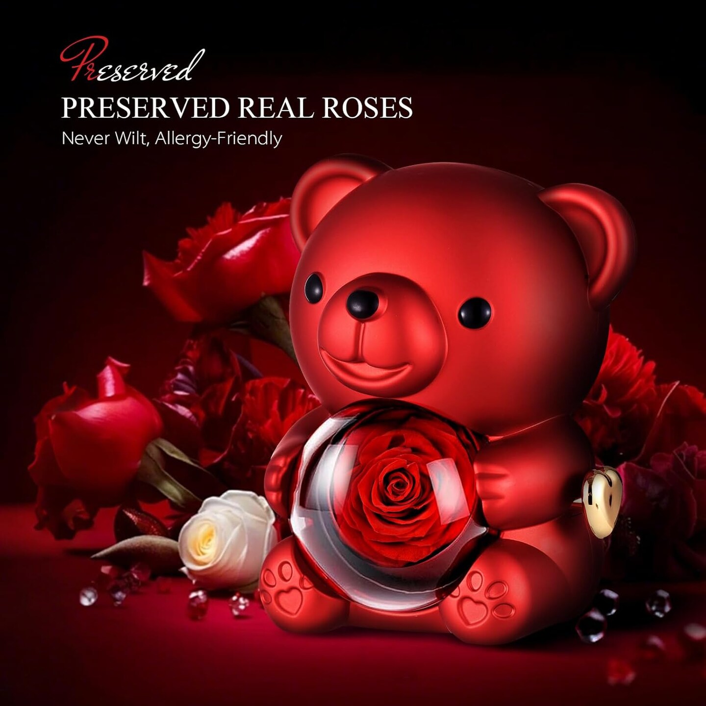 Preserved Rose Gifts Eternal Flower Gift Teddy Bear (Red)