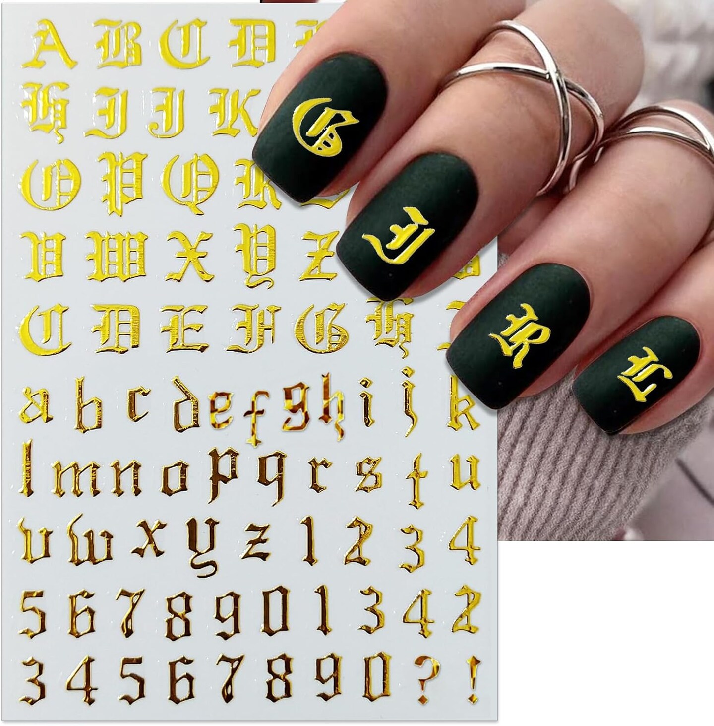 10 Sheets Letter Nail Art Stickers - 3D Old English Alphabet Number Nail Decals