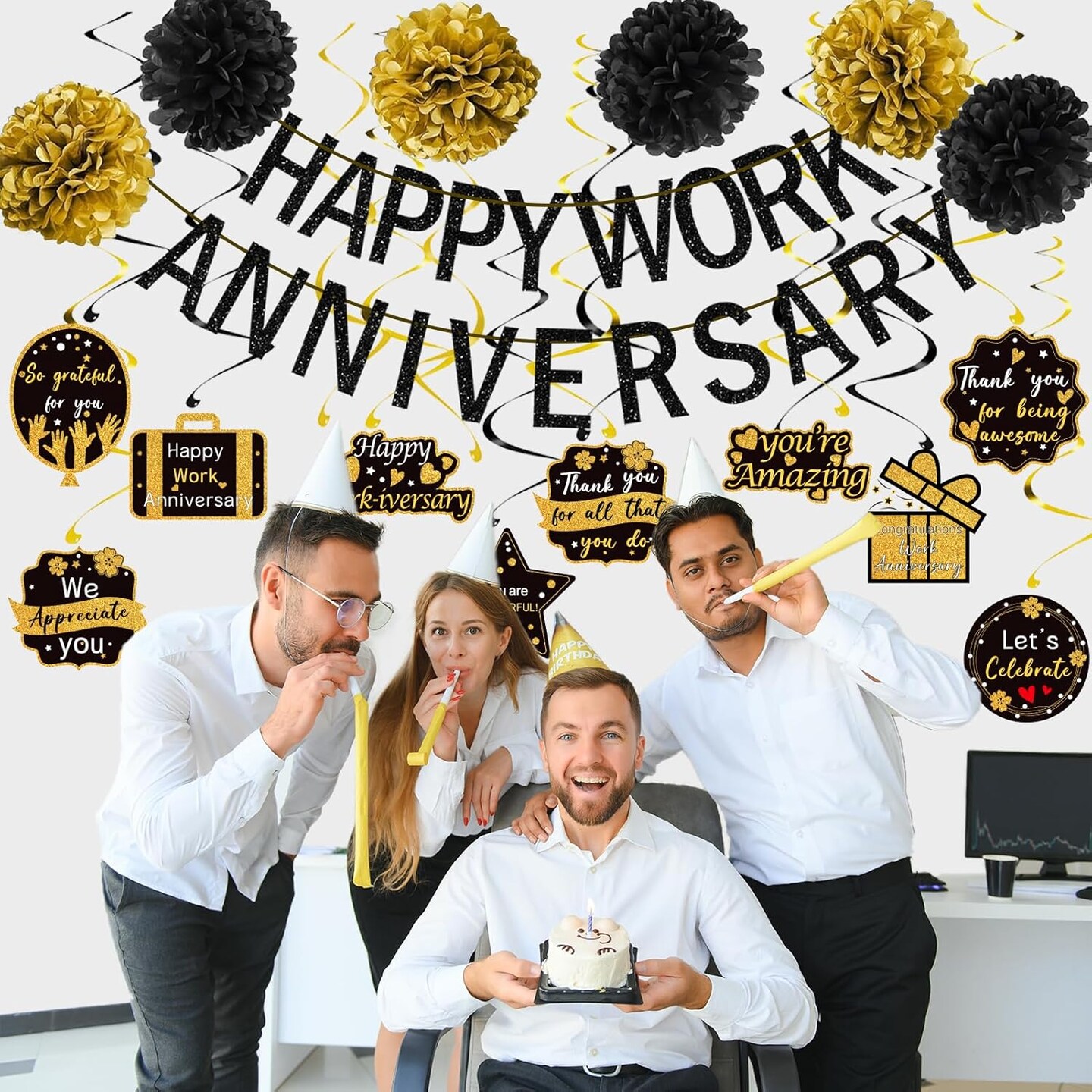 Happy Work Anniversary Decorations Black Gold, Happy Anniversary Banner