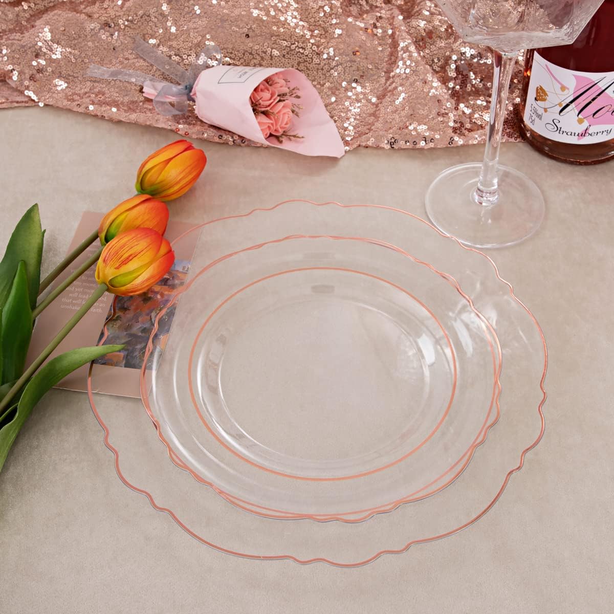 150PCS Rose Gold Plastic Plates