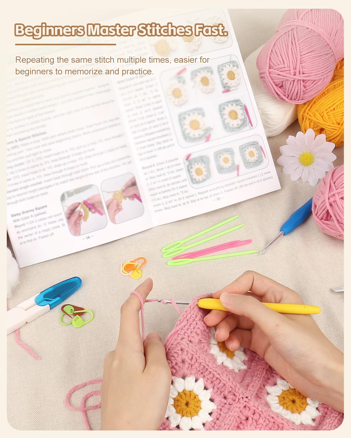 Granny Square Crochet Blanket Kit - Pink