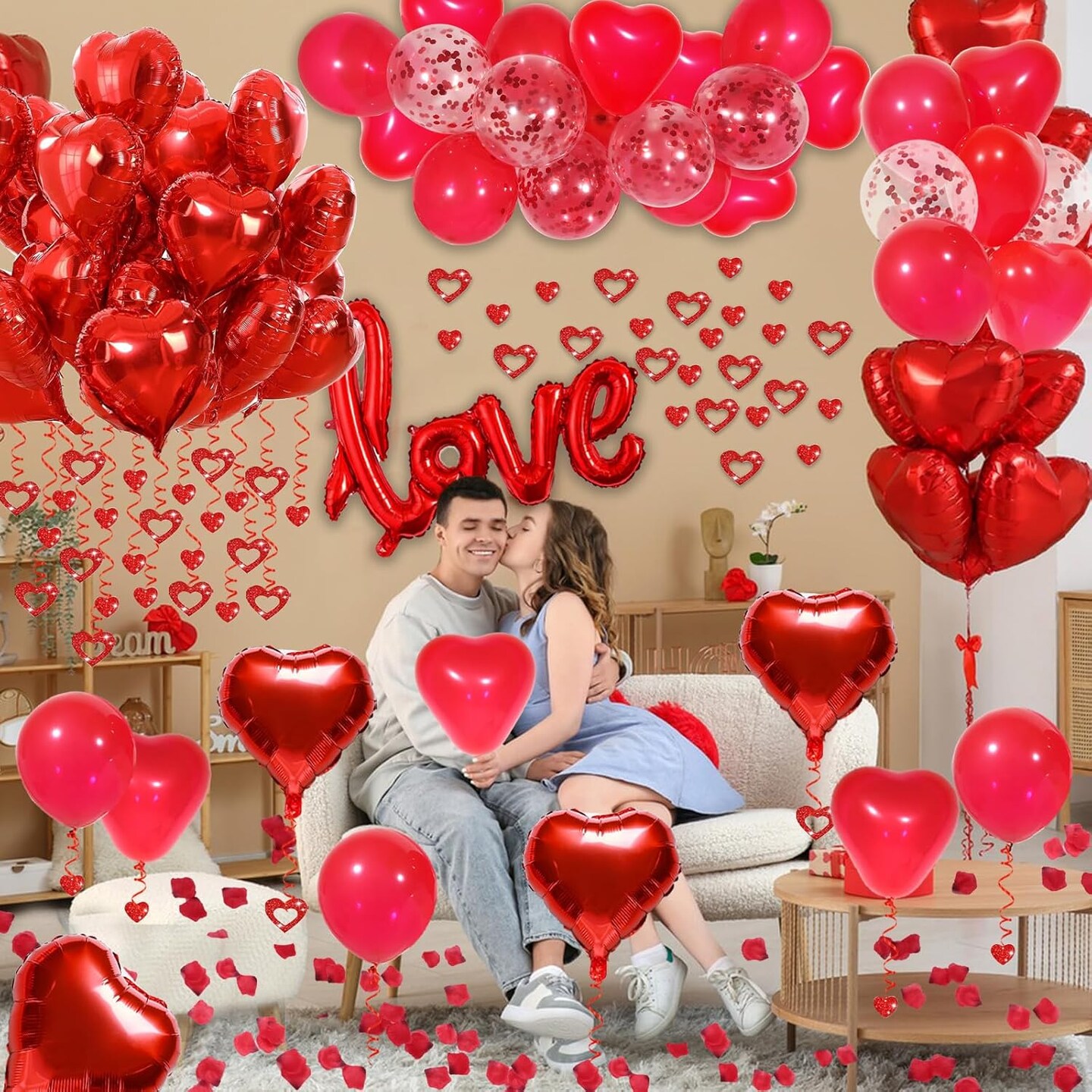 Red Party Decorations - Heart Balloons, Love Balloon &#x26; Rose Petals