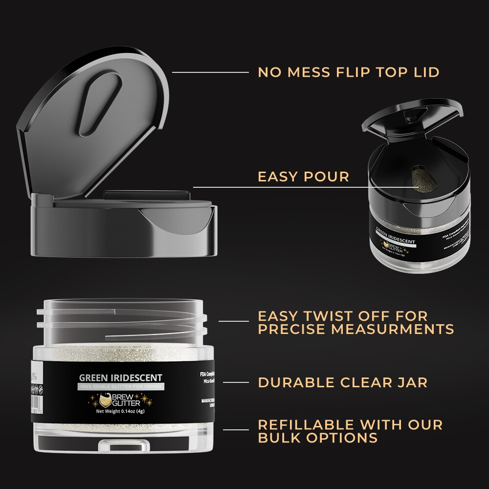 Brew Glitter - Green Iridescent Edible Drink Glitter (4g, x1 Flip-Cap Jar) for Beer, Cocktails and Beverages