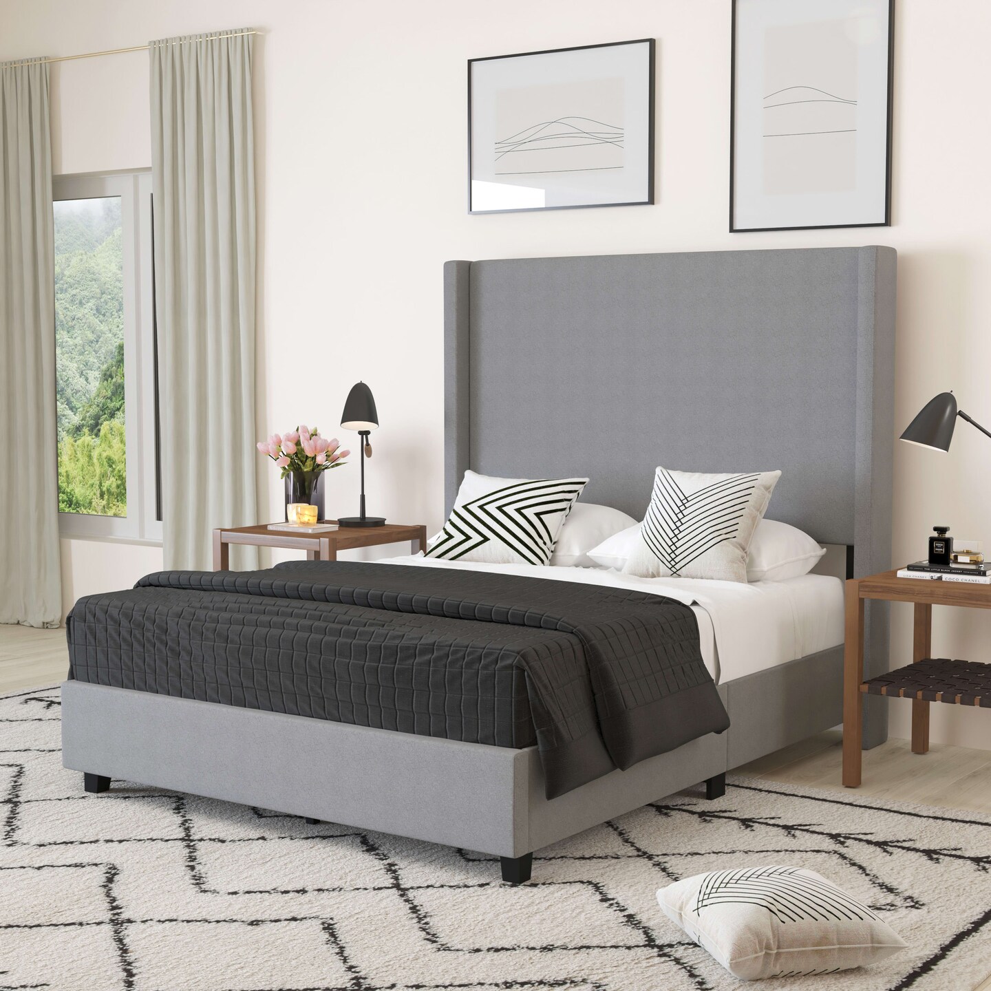 Merrick Lane Bramlett Modern Platform Bed - Gray Faux Linen - Queen - Padded Wingback Headboard - 6" Floor Clearance - Wood Support Slats - No Box Spring Needed