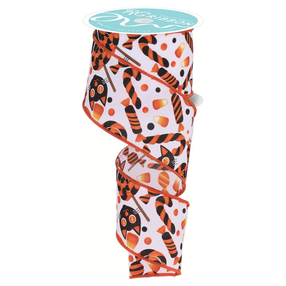 2.5&#x22; Pumpkin Cat Candy Ribbon: White (10 Yards)