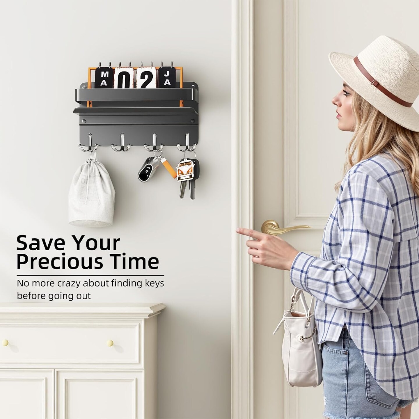 Key Holder for Wall,Mail Organizer Wall Mount with Shelf Includes Key Hook and Wallet Holder,Hanging Key Rack with Sunglasses Storage, Decorative with 4 Double Hooks and Shelf