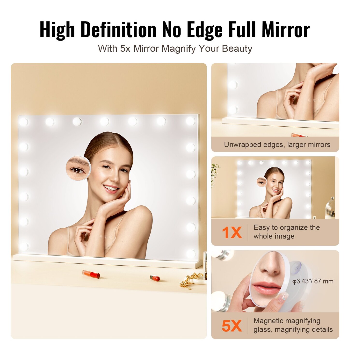 White LED Makeup Mirror with Touch Control, 3 Color Lights and 5X Magnifier