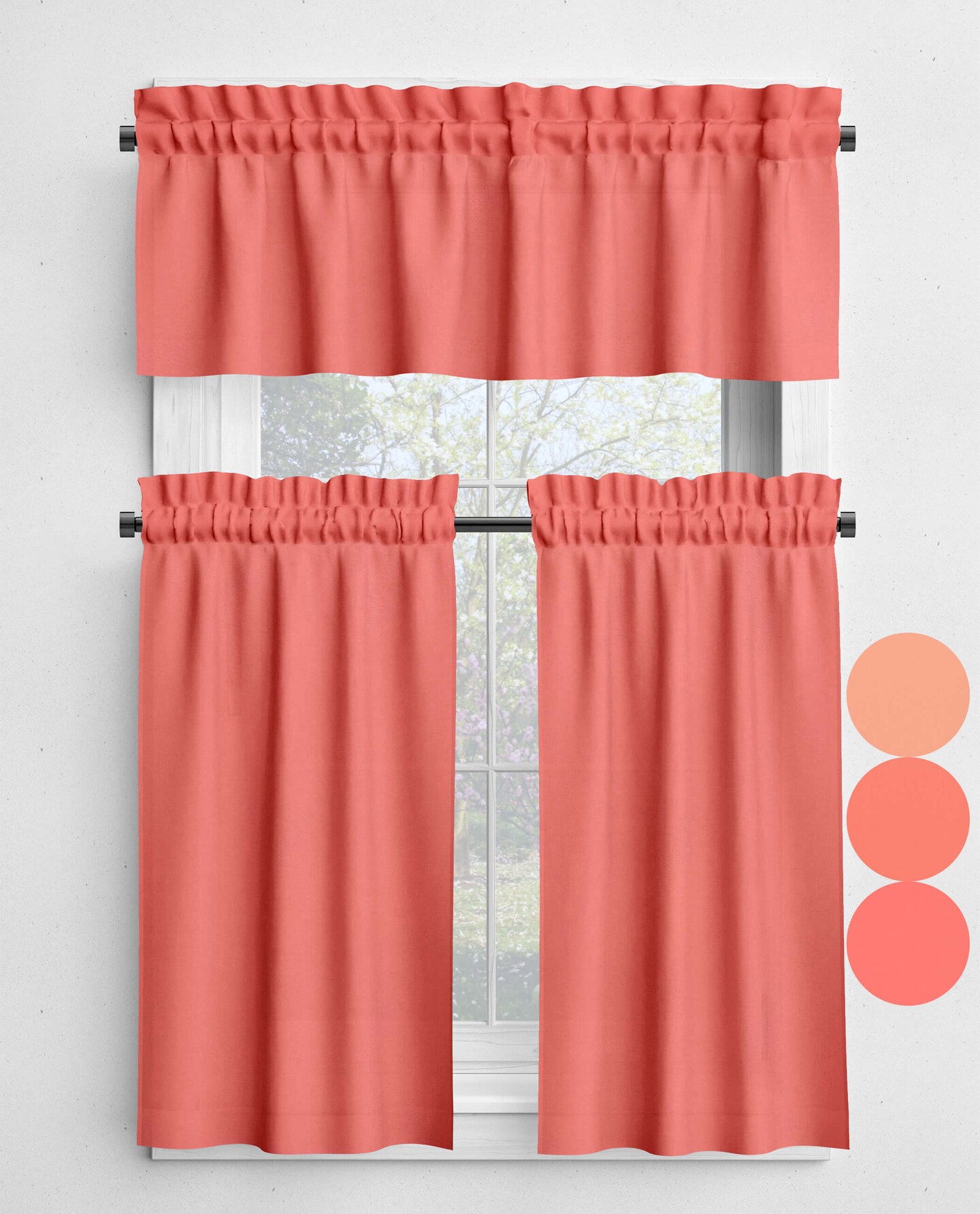 product name is Peach Coral Salmon Cafe Curtains Valances Tiers Panels, Kitchen Bathroom Bedroom Cotton Rod Pocket, Made in USA Custom Sizes Swatches