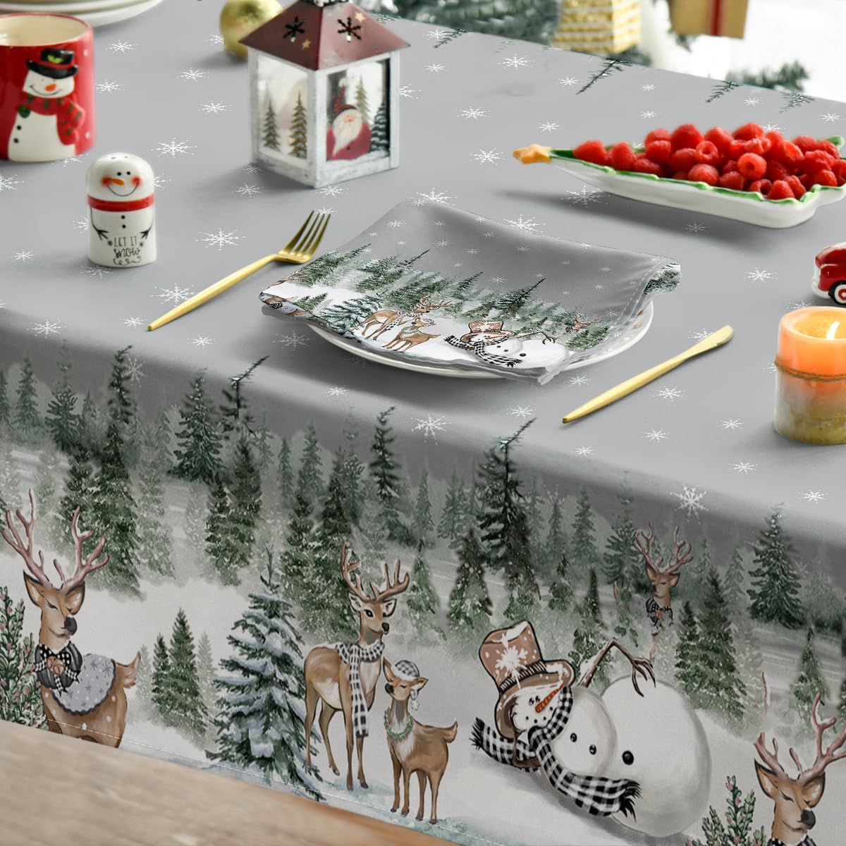 Christmas Tablecloth 60×84 Inch Rectangular, Deers Snowman Trees Grey Washable Table Cover for Party Picnic Dinner Decor