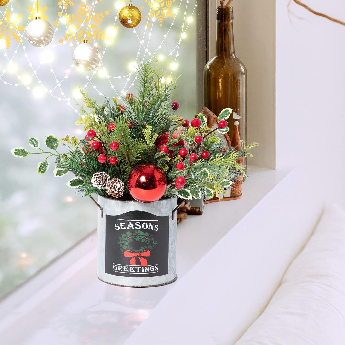 Inch Small Christmas Centerpiece Potted Tree Artificial Plants with Sturdy Stand and Pine Cones and Red Berries Decoraction