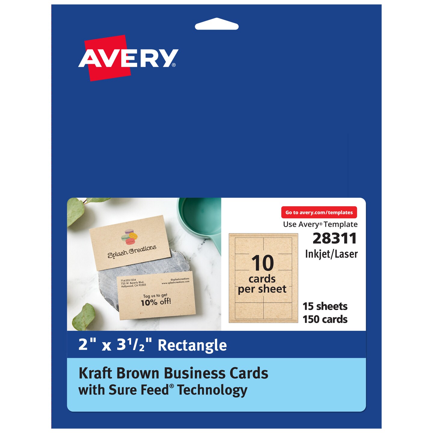 Avery Kraft Brown Business Cards with Sure Feed Technology, 2&#x22; x 3.5&#x22;, Laser/Inkjet, 150 Printable Business Cards, Also Great for Appointment Cards and Loyalty Cards (28311)