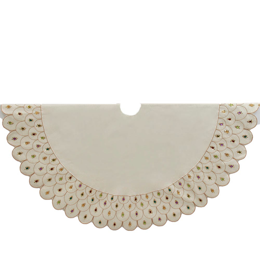 Kurt Adler 60-Inch Multi-Colored Beads Scalloped Ivory Embroidered Tree Skirt