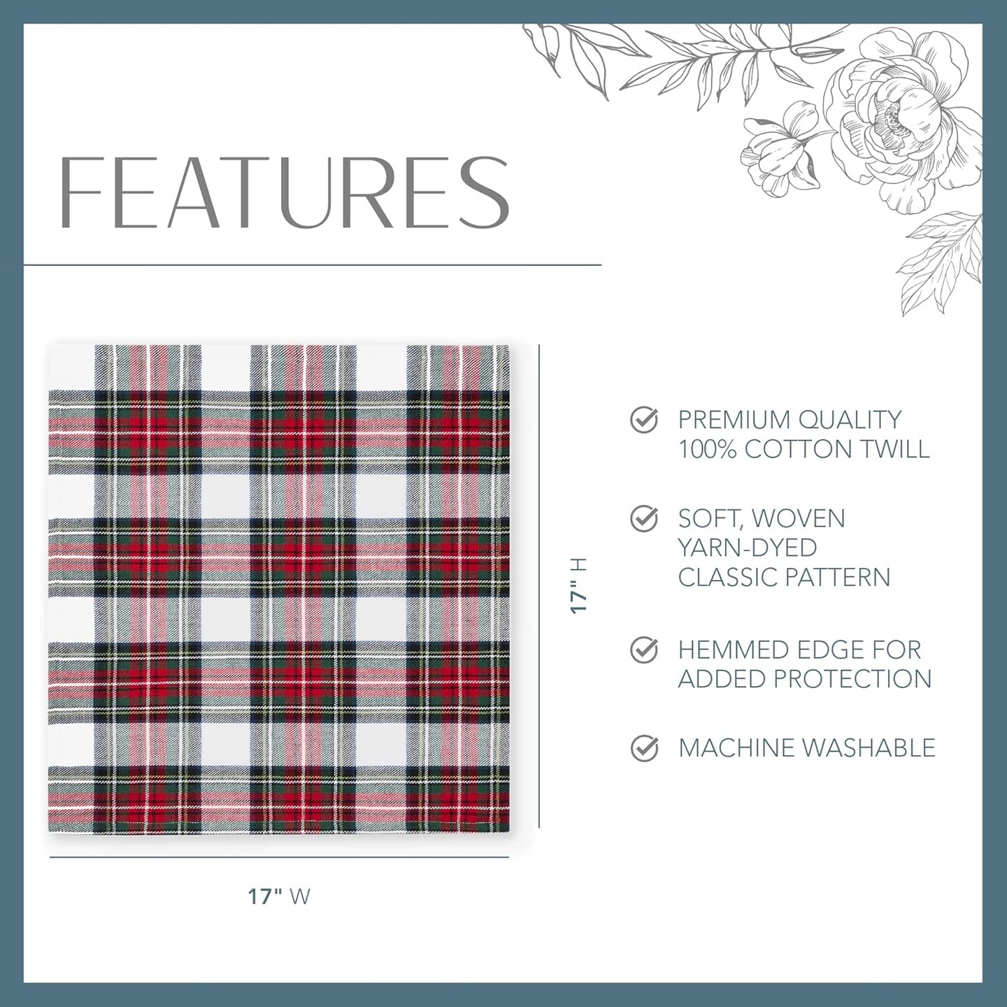 Home Fashions Christmas Classic Holiday Plaid Cotton Napkins, Holiday Table Decor, 17" x 17", Set of 8