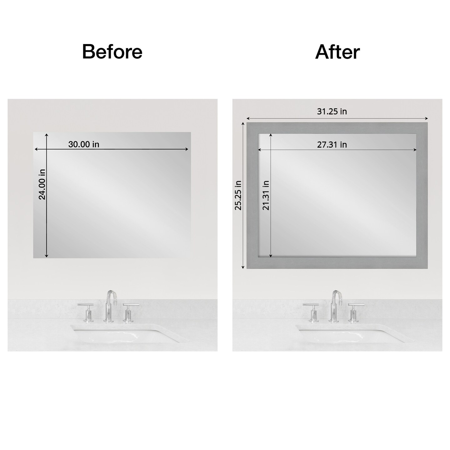 Amanti Art Mirror Makeover Bathroom Mirror Frame Border Kit - Fully Assembled Peel and Stick Frame - Mirror NOT Included - Brushed Black or Nickel Trim