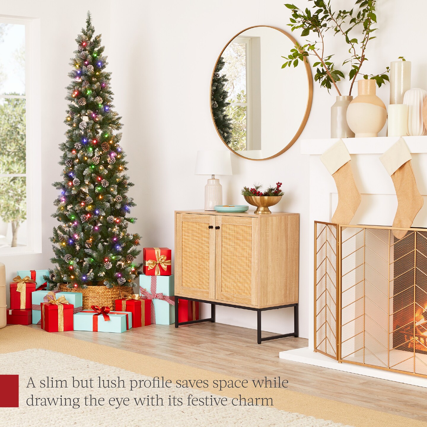 Best Choice Products Pre-Lit Partially Flocked Pencil Christmas Tree w/ 2-in-1 Multicolor Lights