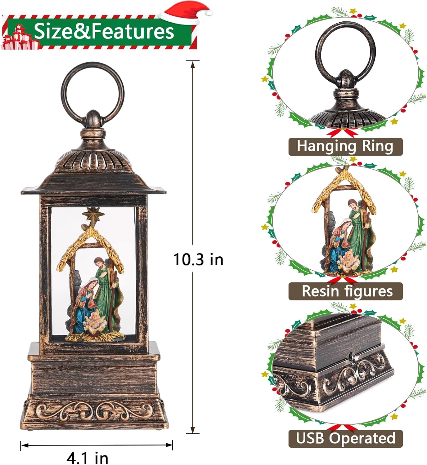 Christmas Nativity Snow Globe, Musical Lighted Glitter Christmas Snow Globes, Christmas Decorations USB and Battery Operated Lantern with Music, Christmas Decor for Home