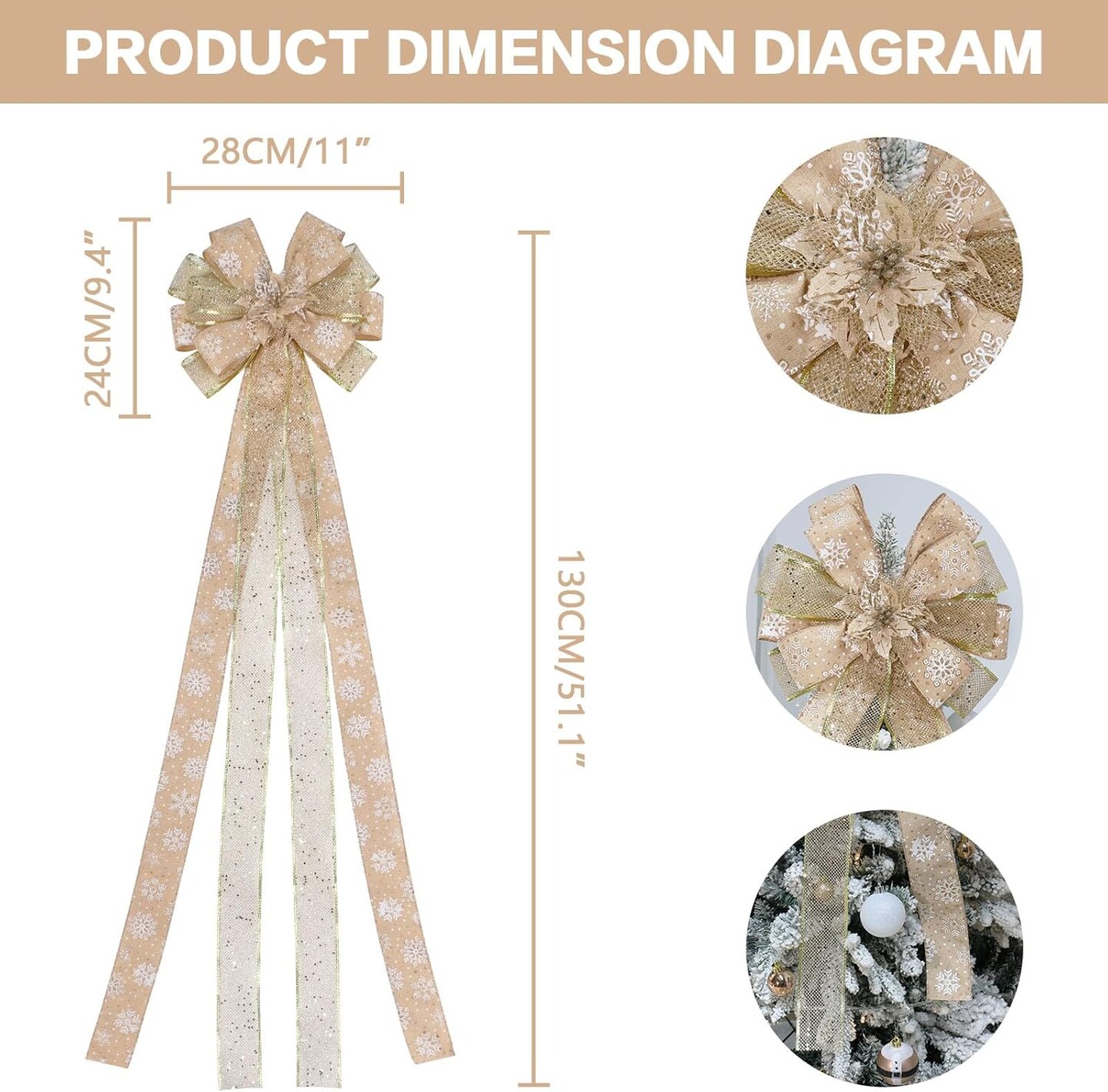 Christmas Tree Topper, Bow Large Christmas Bow Tree Topper, for Xmas Ornament Holiday Home Wedding Thanksgiving Indoor/Outdoor Decoration (Gold)