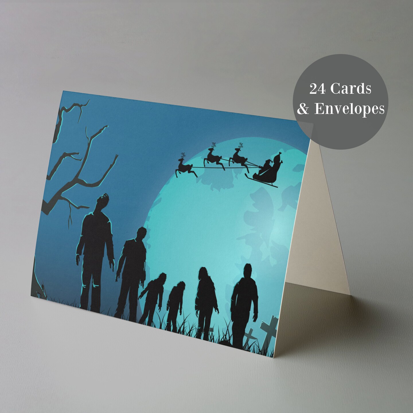 Zombie Christmas Cards - 24-Pack Holiday Greeting Cards with Santa Flying Over Zombies Design, Perfect for Sharing Merry Christmas &#x26; Holiday Wishes with a Twist, Blank Inside for Personalized Messages - Spooky and Fun Festive Stationery Set