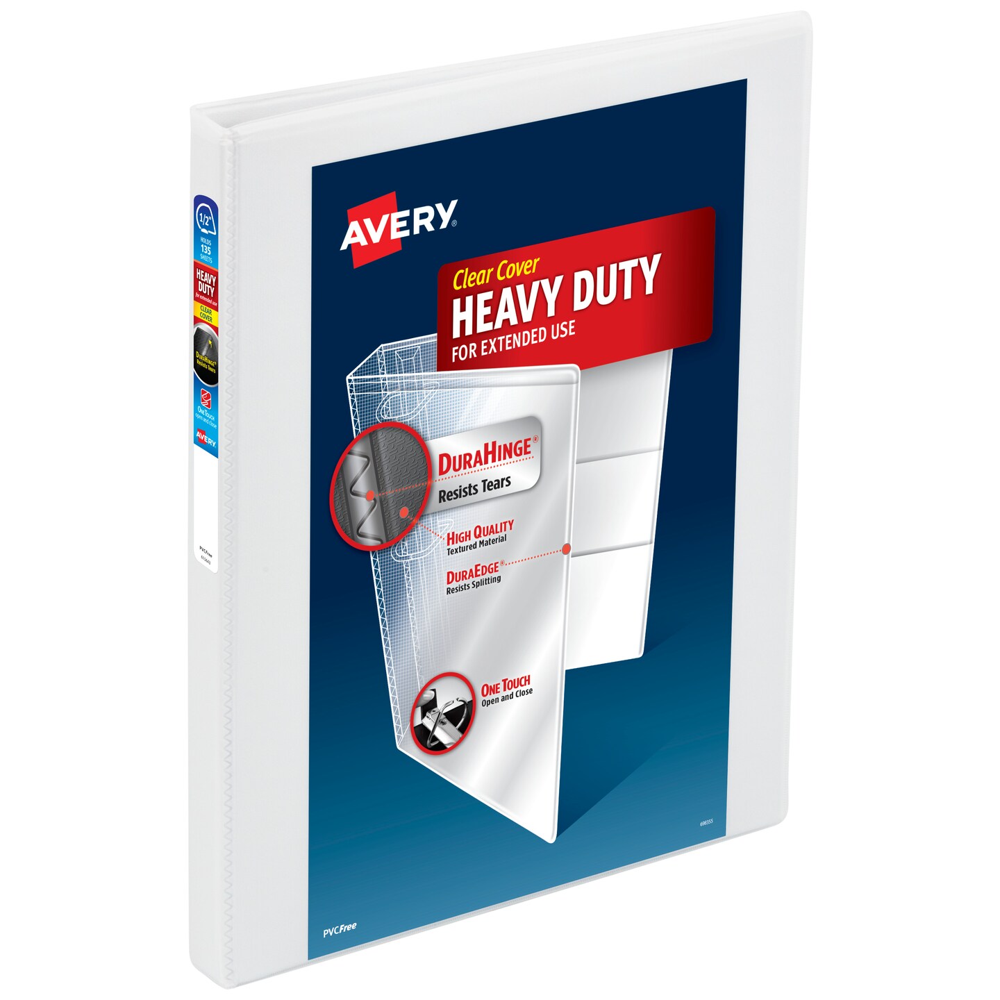 Avery Heavy-Duty View 3 Ring Binder, 0.5 Inch One Touch Slant Rings, 135-Sheet Capacity, DuraHinge, 0.7 Inch Wide Spine, Customizable Clear Cover and Spine, 1 White Binders (79380)