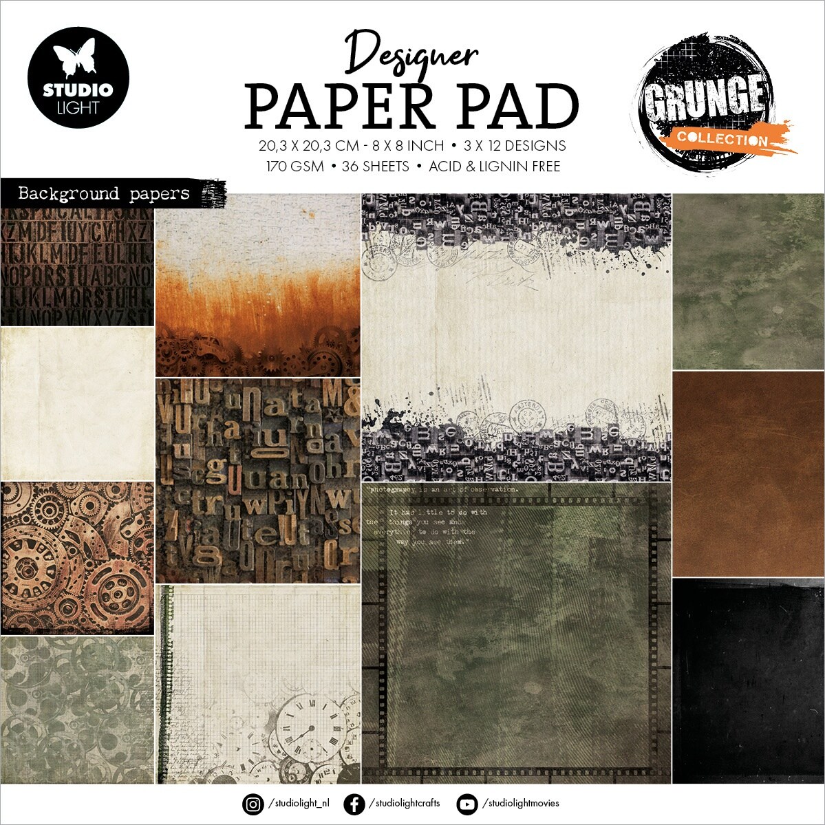 Studio Light Grunge Paper Pad 8"X8" 36/Pkg-Nr. 243, Backgrounds