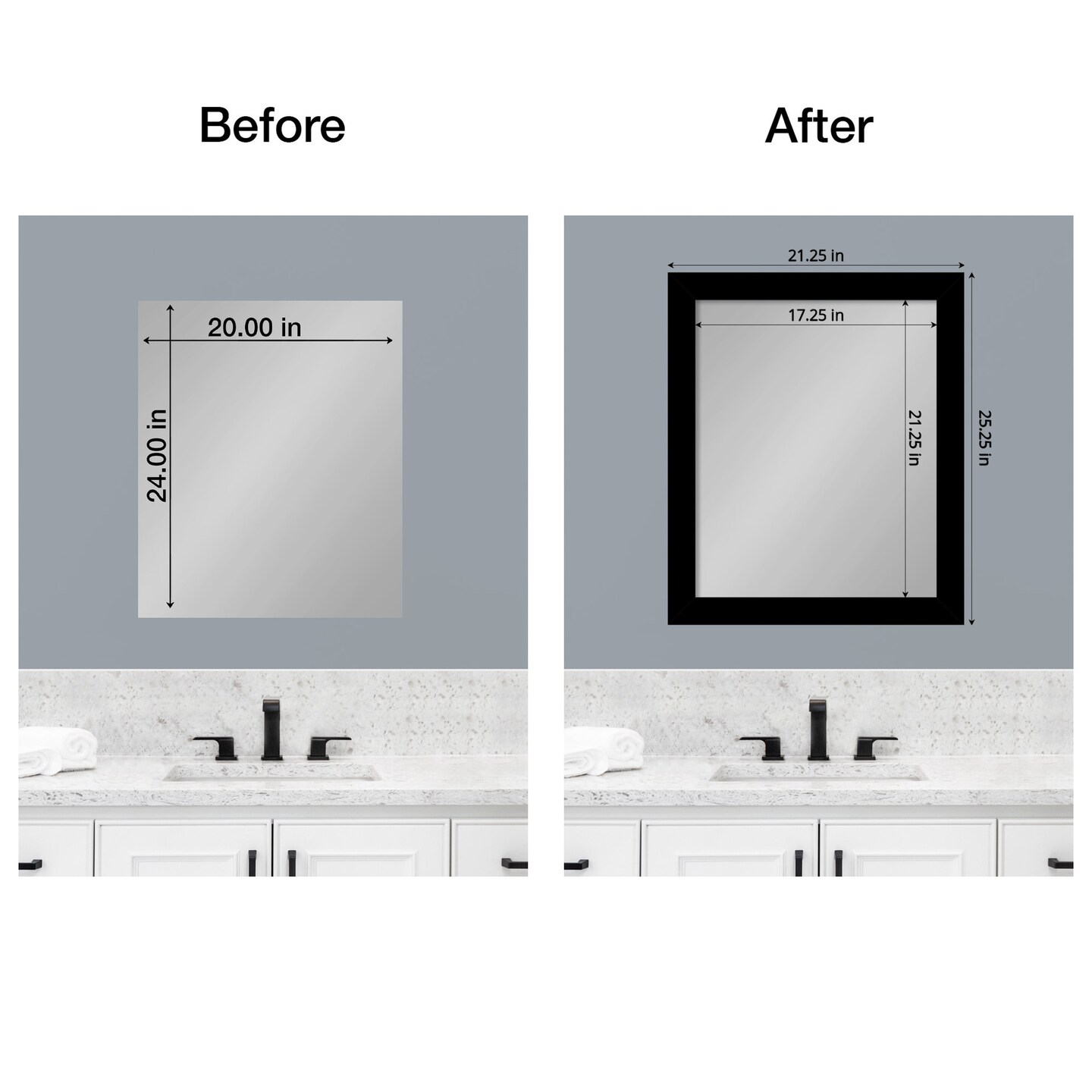 Amanti Art Mirror Makeover Bathroom Mirror Frame Border Kit - Fully Assembled Peel and Stick Frame - Mirror NOT Included - Brushed Black or Nickel Trim