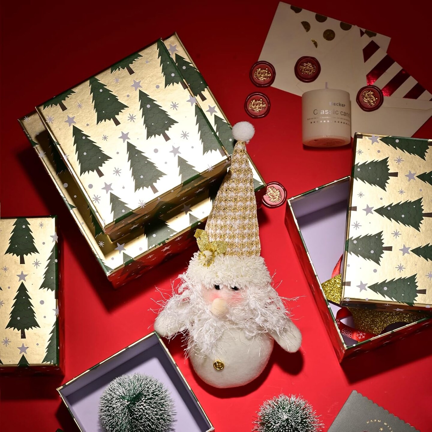 5PCS Christmas Nesting Gift Boxes Set, Gold Foil Green Xmas Tree Flat Square Cardboard Nested Box with Lid, for Gift Wrapping Holiday Present Birthday, Assorted Size