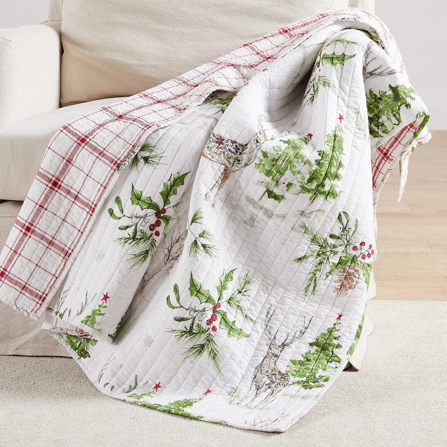 Sleigh Bells Quilted Throw Christmas Tree and Reindeer - Red Green Grey White - Holiday Quilted Throw Size 50x60in. - Reversible - Poly