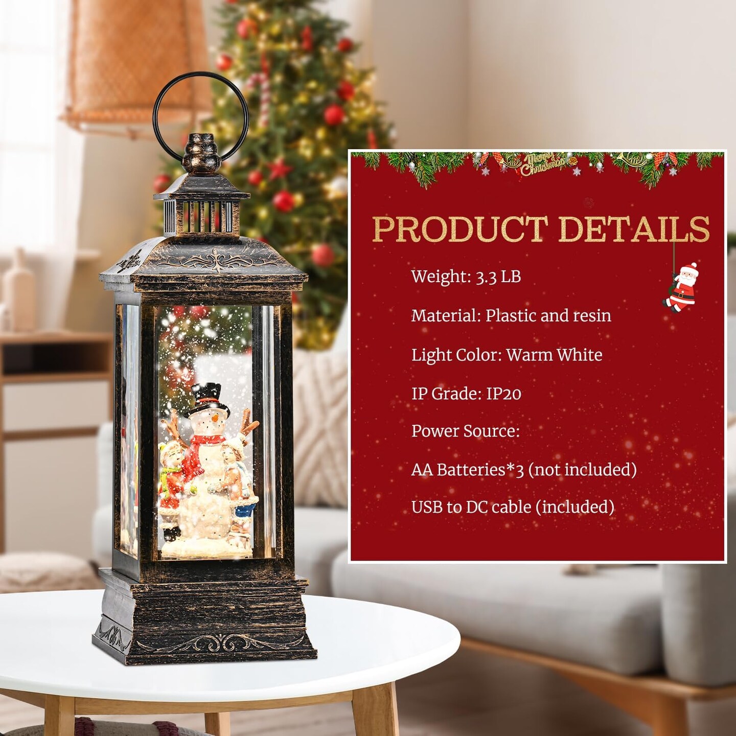 Christmas Snow Globe Lantern Musical, Snowman Snow Globe with 8 Songs &#x26; 6H Timer, Lighted Glittering Swirling Christmas Water Globe Lantern, USB/Battery Operated for Christmas Home Decoration Gifts