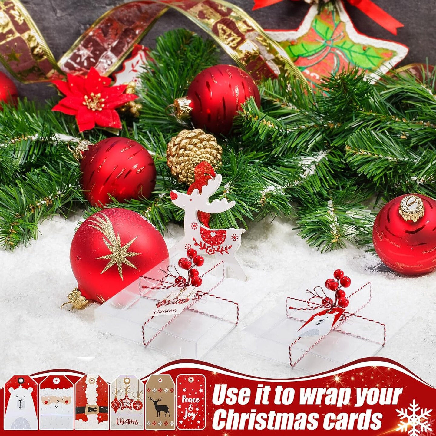 Boxes PET Plastic Crystal Storage Box with Christmas Tags, Red and White Twine, Decorative Berries, 5.39 x 7.36 x 1 Inch Photo Transparent Box Greeting Card