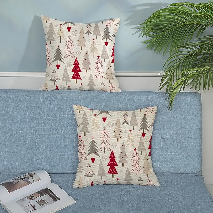 Christmas Pillow Covers 18x18 Set of 2 Christmas Decor Linen Pillowcase Geometric Colorful Christmas Tree Throw Pillows Winter Farmhouse Holiday Decorations Cushion Covers for Couch Home Sofa