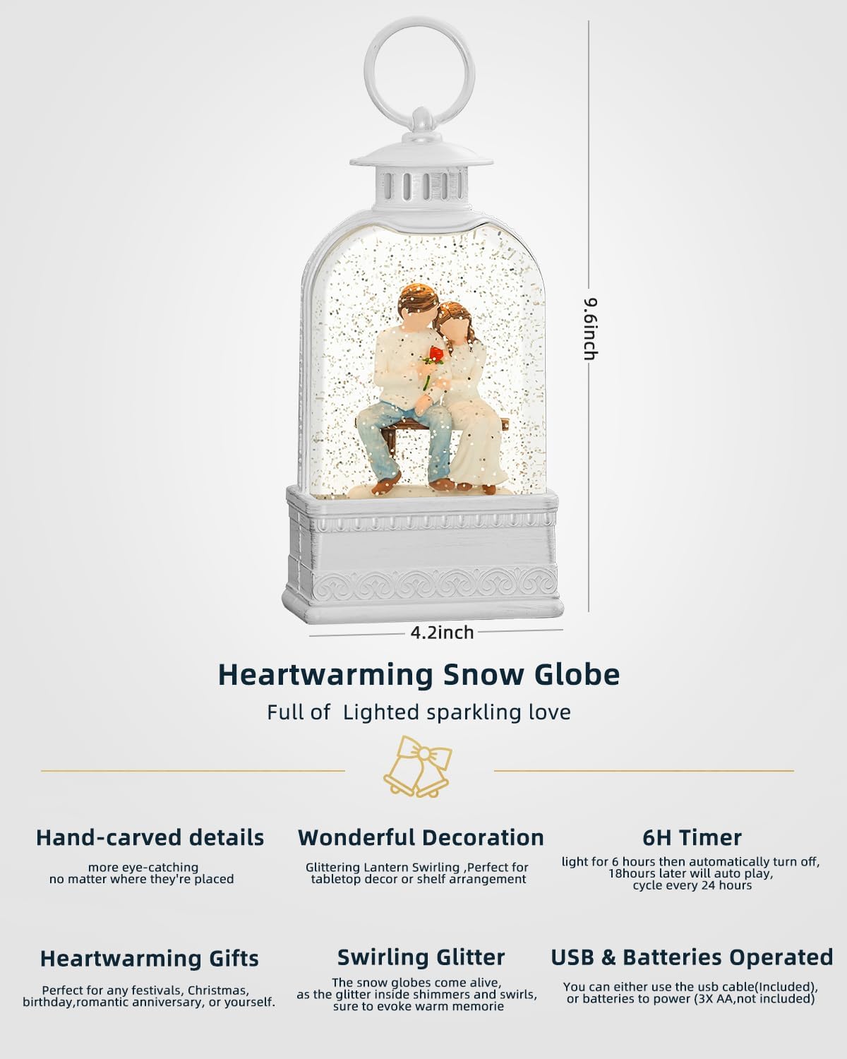 Happiness Lighted Newly Wed Snow Globe with 6H Timer, Daughter Gifts Glittering Christmas Snow Globes for Lover, Wedding Gift Christmas Decorations