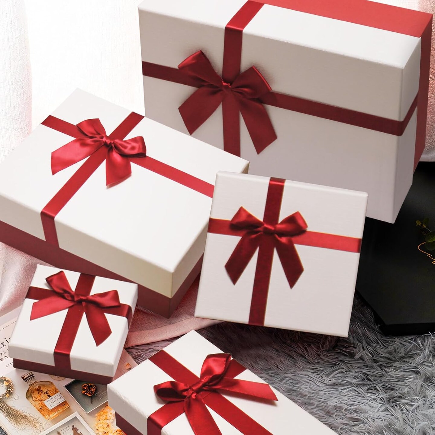 Gift Boxes for Present, 5 Christmas Gift Boxes with Lids, Boxes for Gifts, Red Gift Boxes with Ribbon for Holidday, Christmas, Celebration, Birthday, Weddings, etc.(Red/White)