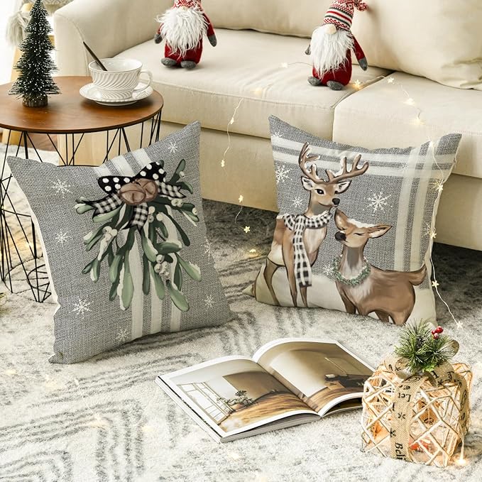 Christmas Tree Reindeer Truck Stripes Gray Throw Pillow Covers, 18 x 18 Inch Winter Holiday Cushion Case Decoration for Sofa Couch Set of 4